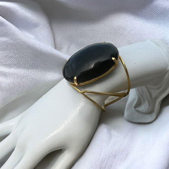 Vintage 10K Gold Filled Black Obsidian Cabochon Cuff Bracelet - Picture 4 of 9